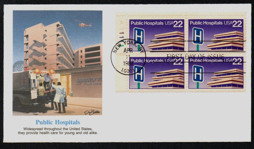 1986 22¢ Public Hospitals Fleetwood Plate Block First Day Cover