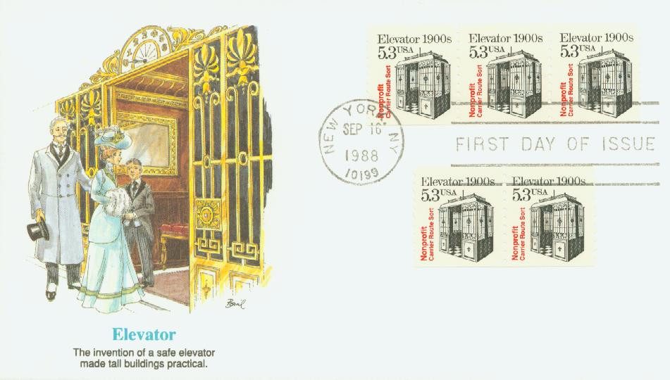 #2254
1988 5.3c Transportation Series: 1900s Elevator Fleetwood First Day Cover