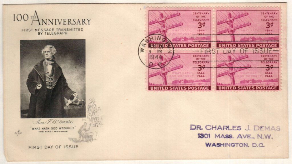 924 - 1944 3c Centenary of the Telegraph Classic First Day Cover
