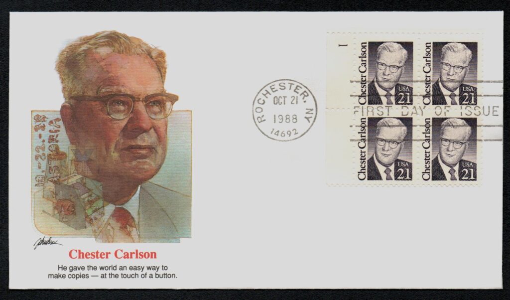# 2180 - 1988 21c Great Americans: Chester Carlson Fleetwood Plate Block First Day Cover