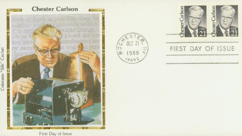 # 2180 - 1988 21c Great Americans: Chester Carlson Colorano Silk Cachet First Day Cover