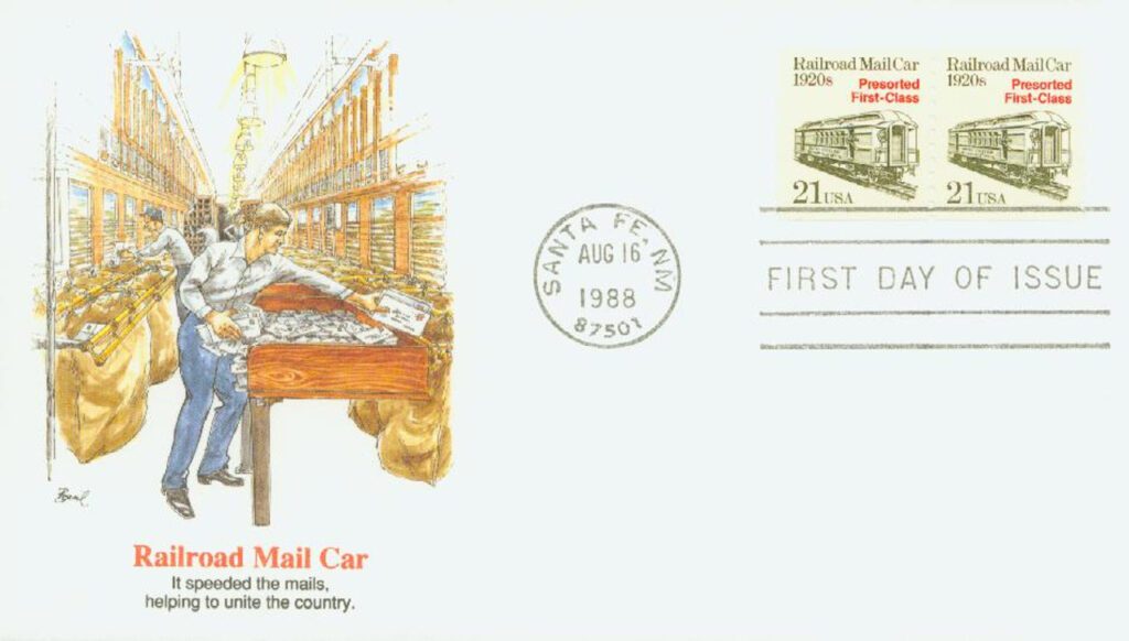 1988 21¢ Railroad Mail Car, 1920s Fleetwood First Day Cover
