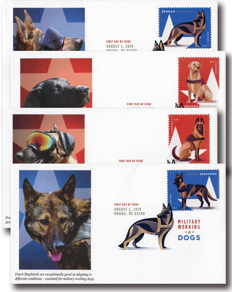 #5405-08
2019 First-Class Forever Stamp - Military Working Dogs  Set of four Fleetwood First Day Covers with Digital Color Cancels