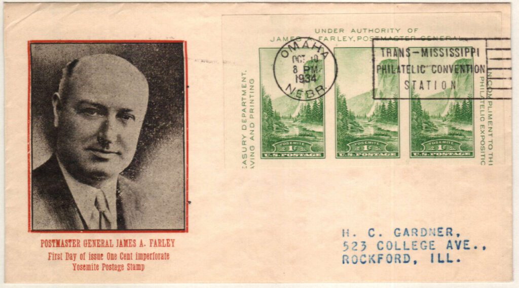 #751a - 1934 1c Yosemite, California, Green, Single from Souvenir Sheet, Imperf. Classic First Day Cover