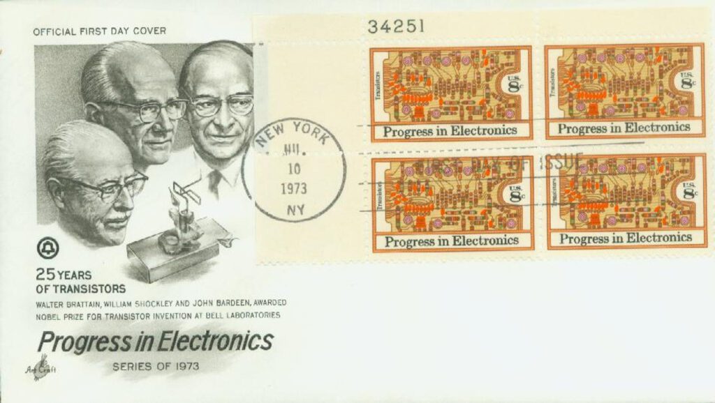 #1501 - 1973 8c Progress in Electronics: Transistors and Printed Circuit Plate Block First Day Cover