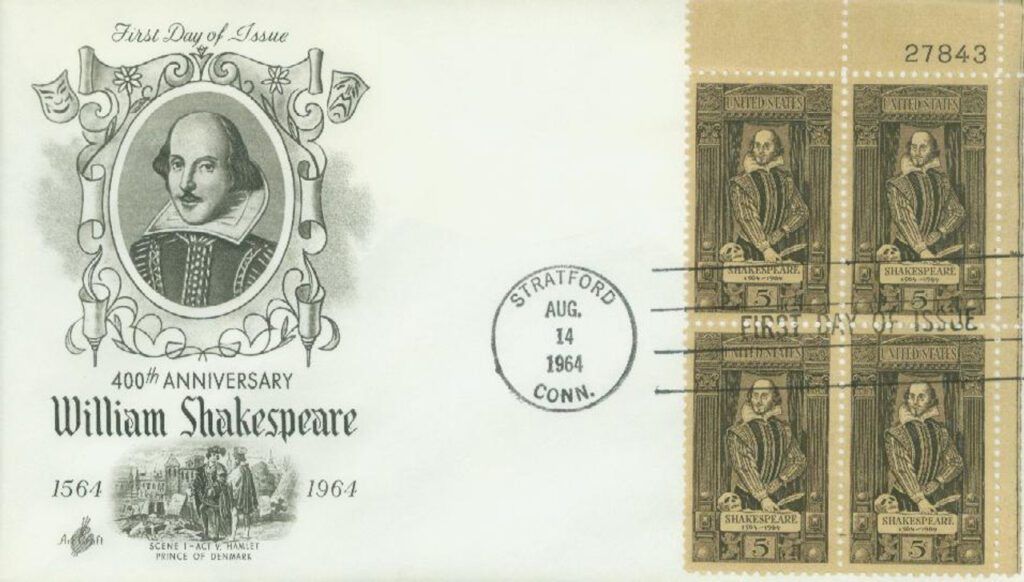 #1250 - 1964 5c William Shakespeare  Plate Block First Day Cover
