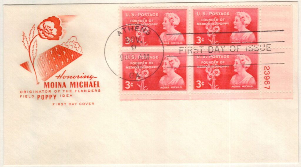 # 977 - 1948 3c Moina Michael Plate Block First Day Cover