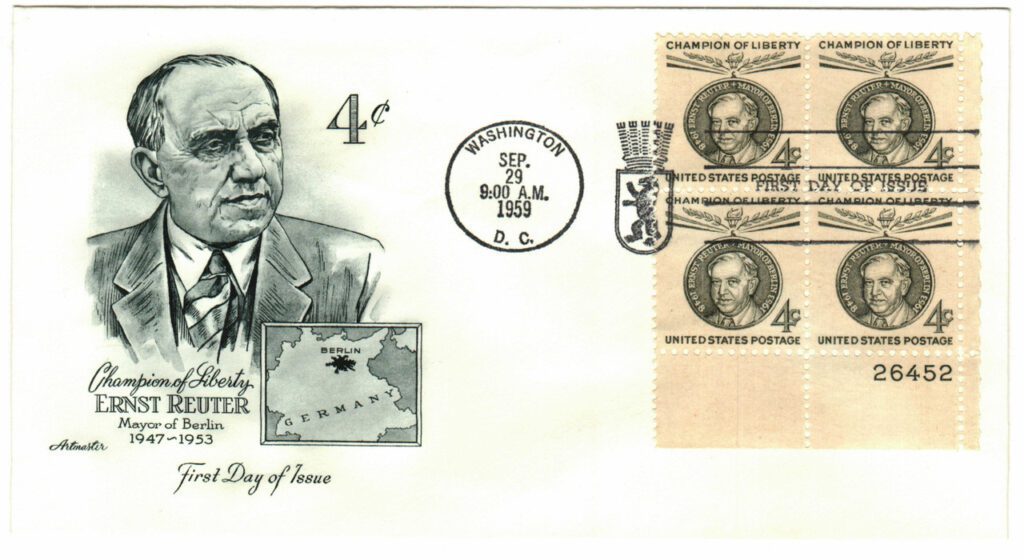 #1136 - 1959 4c Champions of Liberty: Ernst Reuter Plate Block First Day Cover