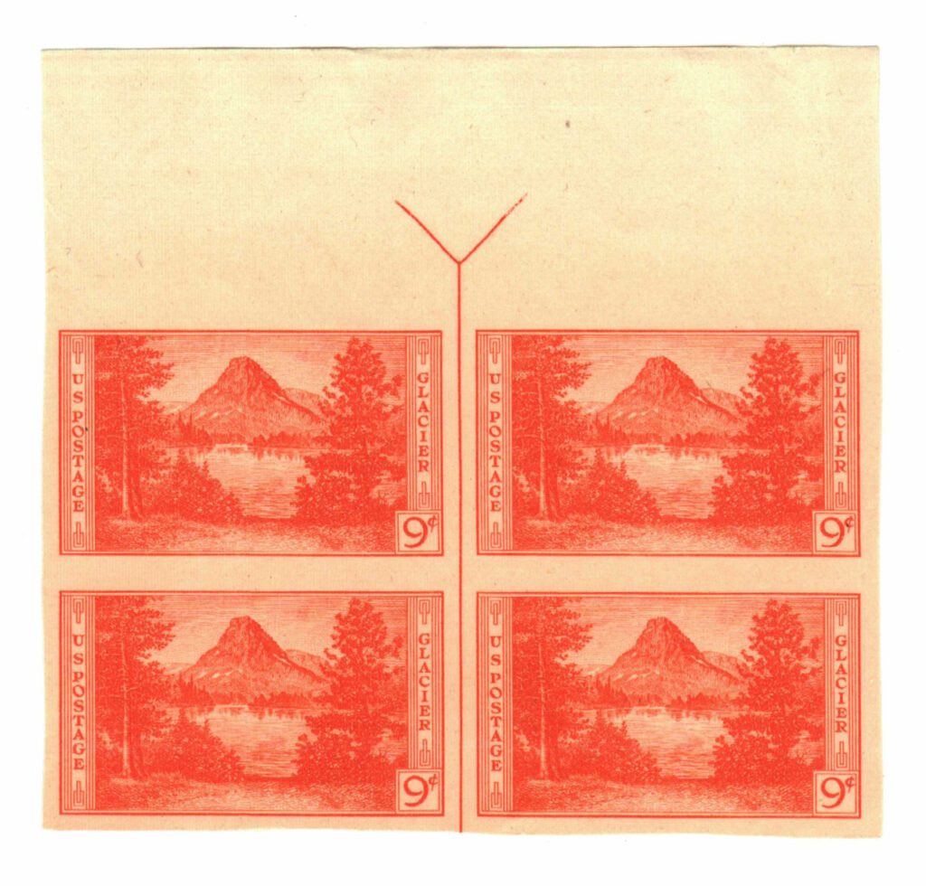 #764 - 1935 9c National Parks: Glacier National Park, imperf, no gum Top Arrow Block