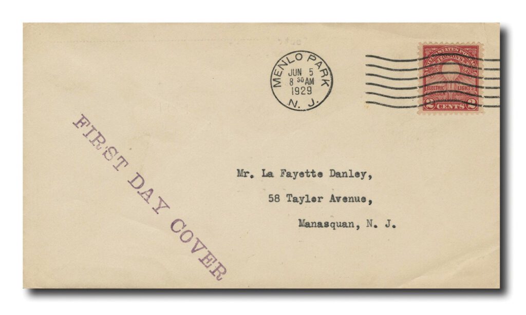 #654 - 1929 2c Edison's First Lamp, Carmine Rose, Perf. 11 Uncacheted First Day Cover