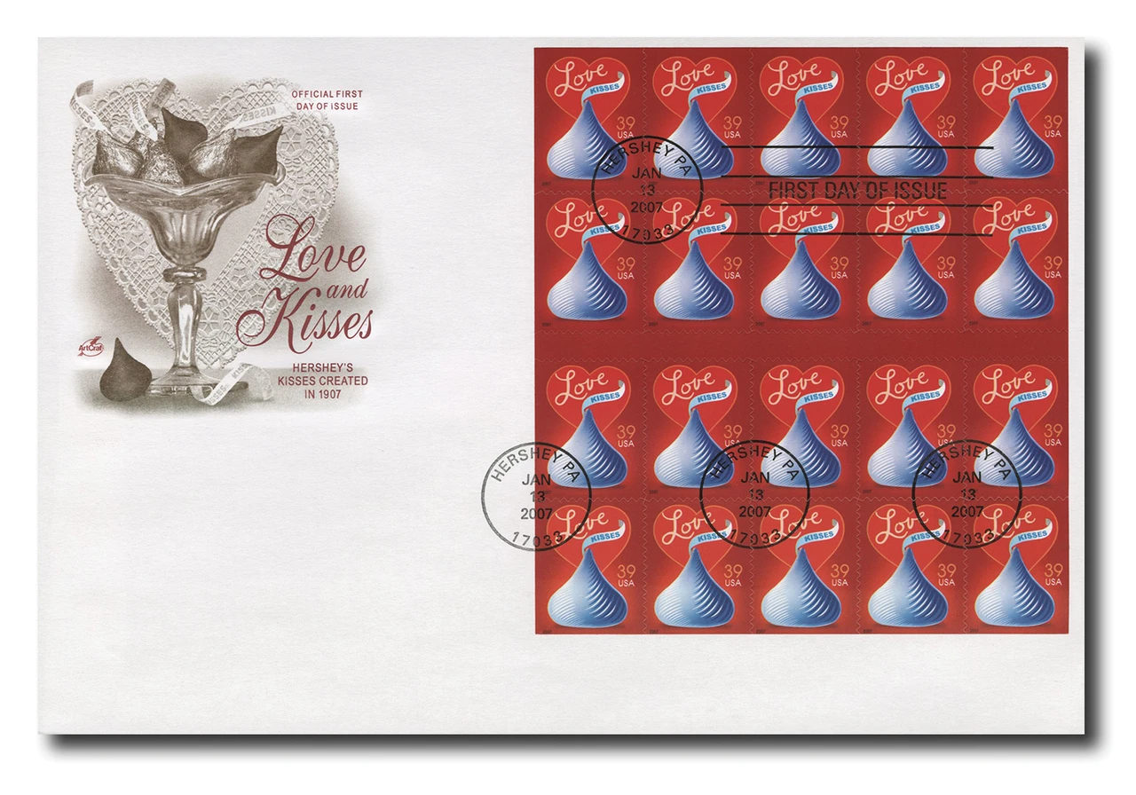 #4122
2007 39c Love Series: Hershey's Kiss Art Craft Booklet Pane First Day Cover