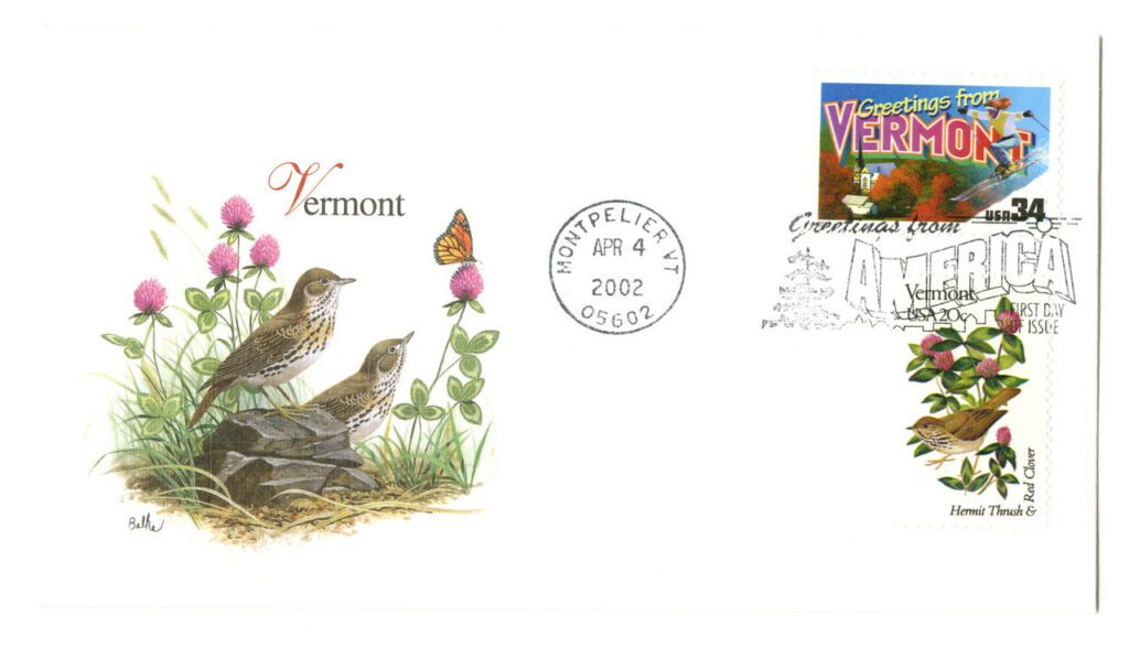 #1997,3605
1982 20c State Birds & Flowers and 2002 34c Greetings From America: Vermont, First Day Cover