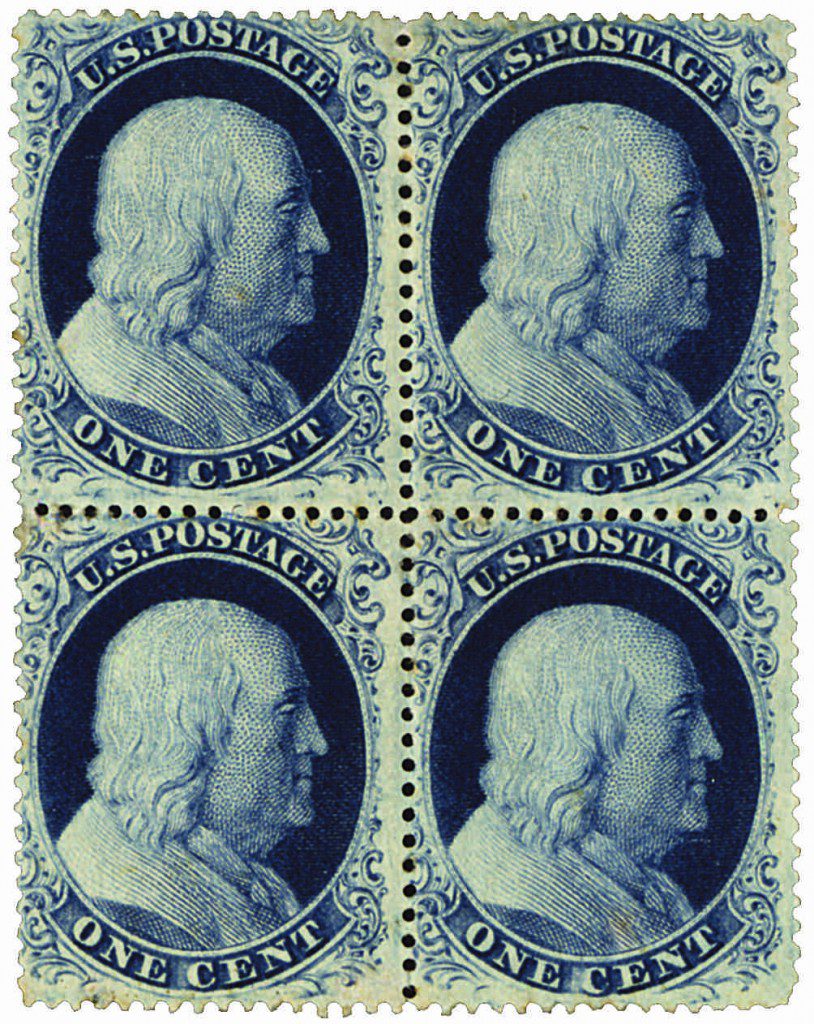 Very scarce combination block of four containing 3 U.S. #21 stamps and one #22.