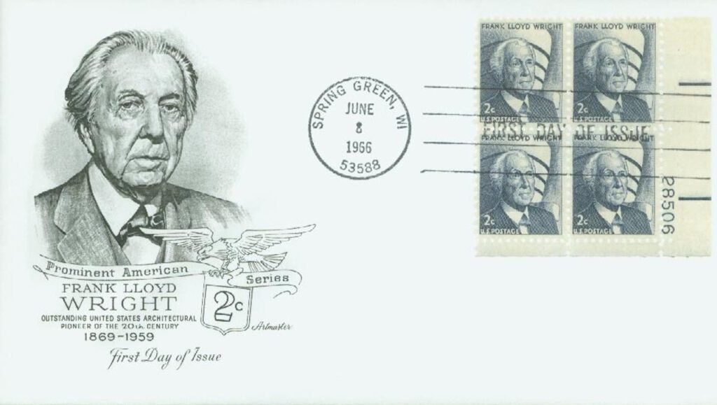 # 1280 - 1966 2c Prominent Americans: Frank Lloyd Wright Plate Block First Day Cover