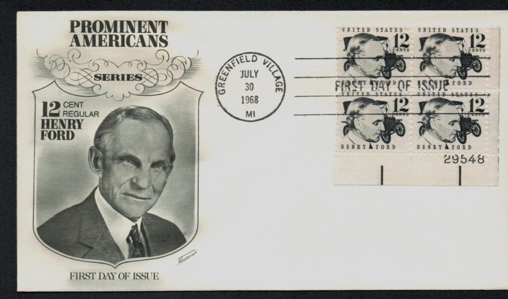 # 1286A - 1968 12c Henry Ford Fleetwood Plate Block First Day Cover