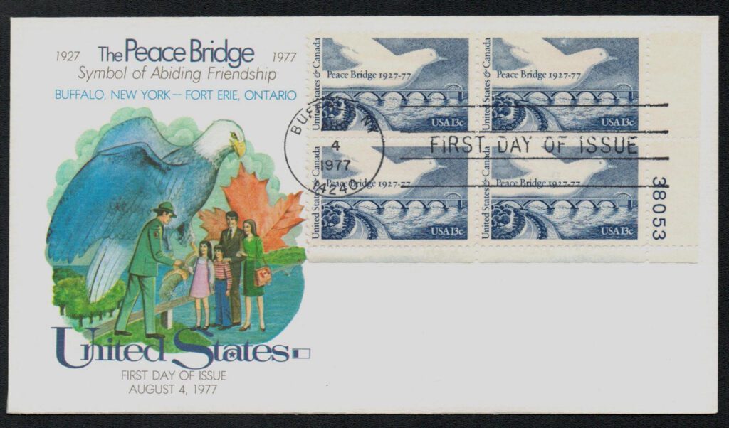 #1721 - 1977 13c Peace Bridge Fleetwood Plate Block First Day Cover 