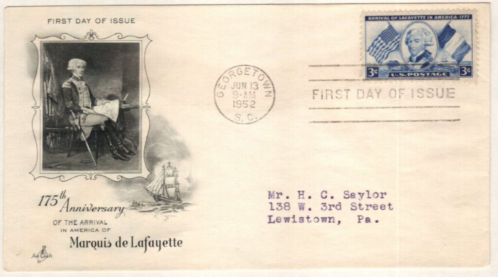 1952 3¢ Arrival of Lafayette in America Classic First Day Cover
