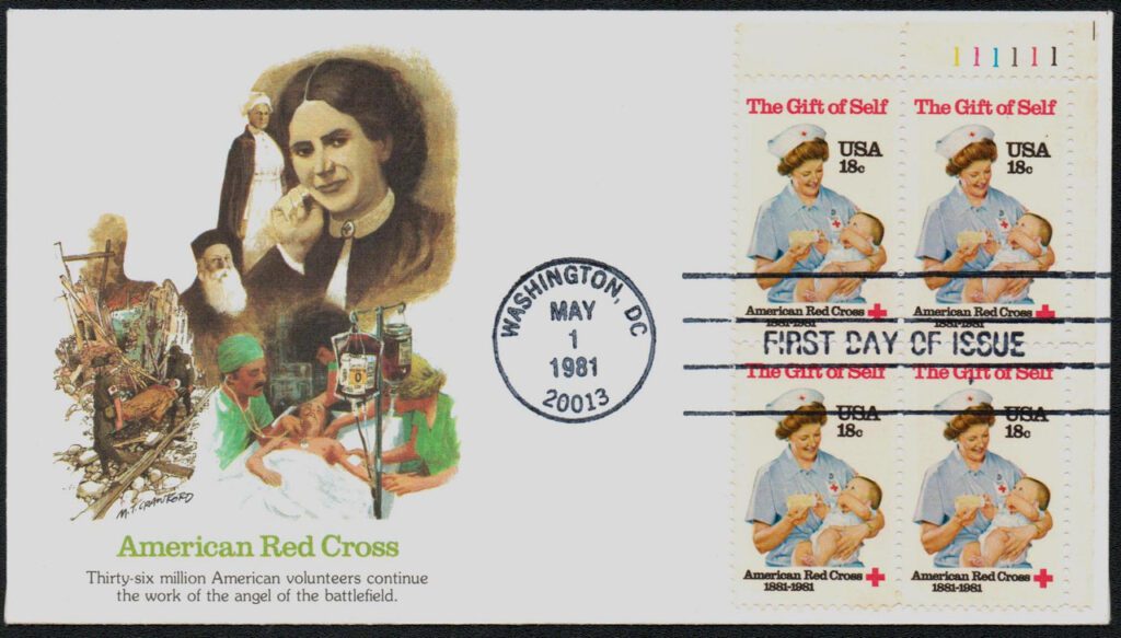 #1910 - 1981 18c American Red Cross Centennial Fleetwood Plate Block First Day Cover