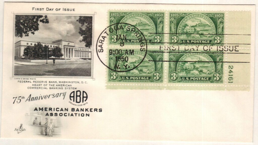 #987 - 1950 3c American Bankers Association Plate Block First Day Cover