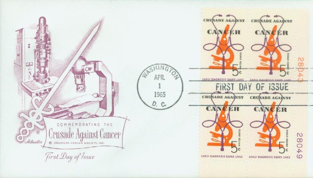 # 1263 - 1965 5c Crusade Against Cancer Plate Block First Day Cover