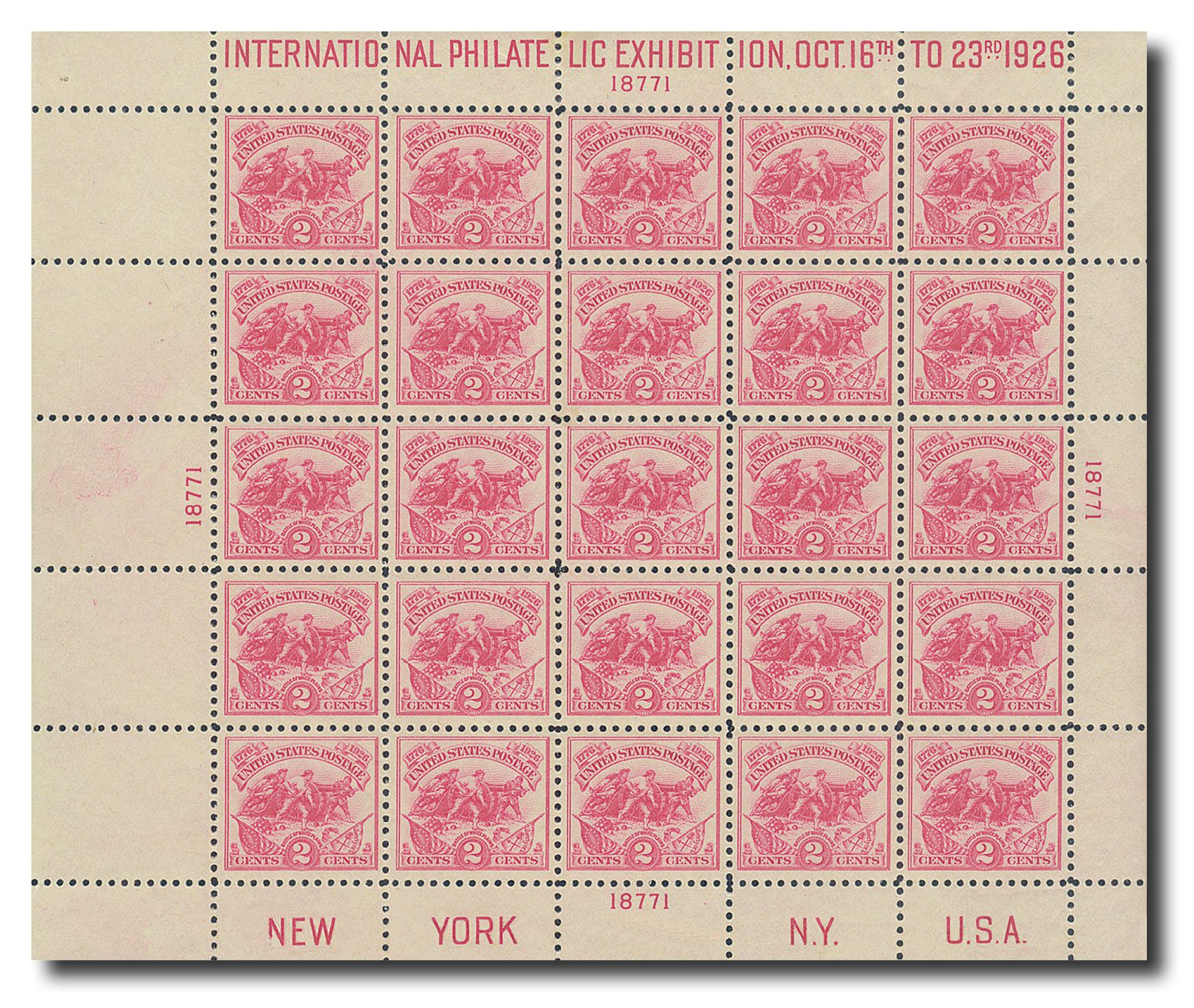 #630 - 1926 2c Battle of White Plains, Carmine Rose, Souvenir Sheet