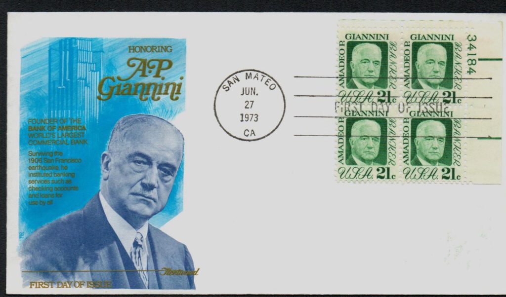 #1400 - 1973 21c Amadeo P. Giannini Fleetwood Plate Block First Day Cover