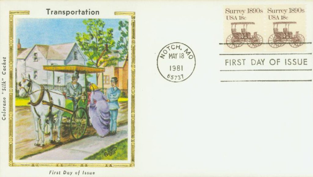 #1907 - 1981 18c Transportation Series: Surrey, 1890s Colorano Silk Cachet First Day Cover