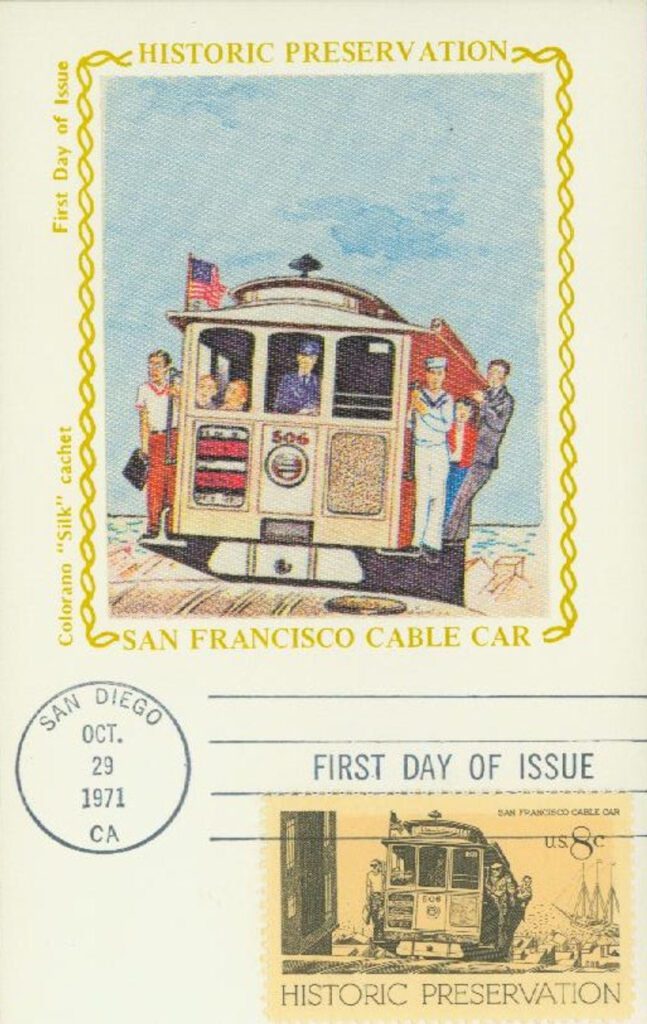 #1442 - 1971 8c Historic Preservation: San Francisco Cable Car Colorano Silk Cachet First Day Cover