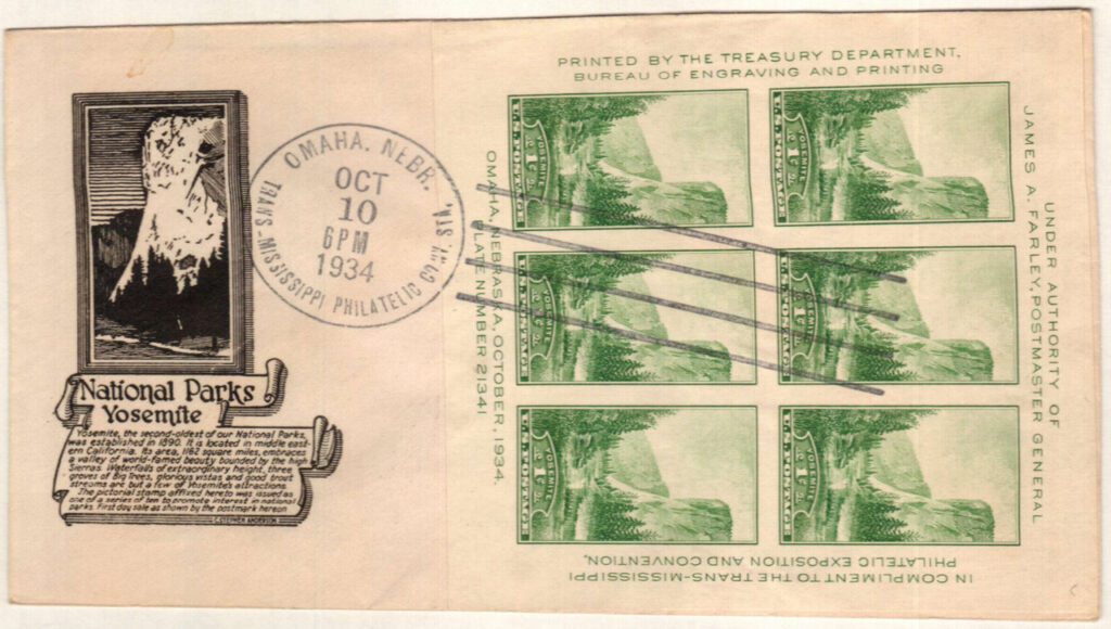 #751 - 1934 1c Yosemite, California, Green, Souvenir Sheet Classic First Day Cover