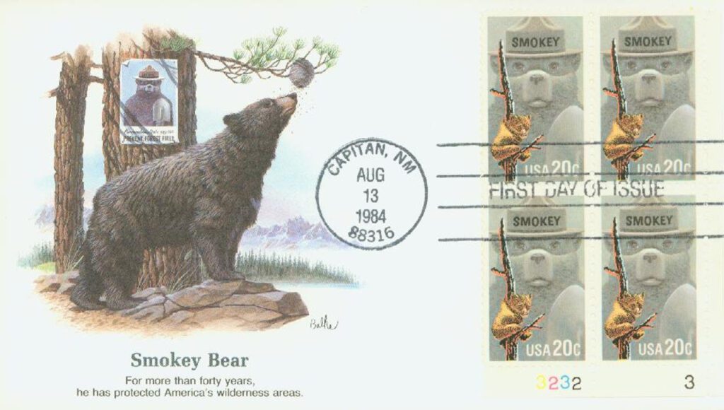 #2096 - 1984 20c Smokey Bear, Fire Prevention Fleetwood Plate Block First Day Cover