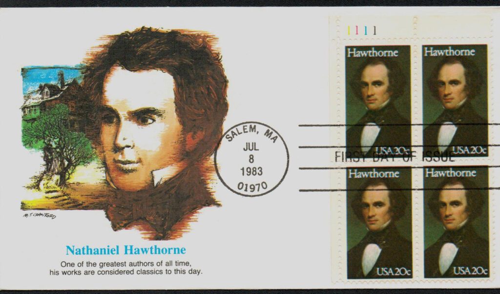 #2047 - 1983 20c Literary Arts: Nathaniel Hawthorne Fleetwood Plate Block First Day Cover