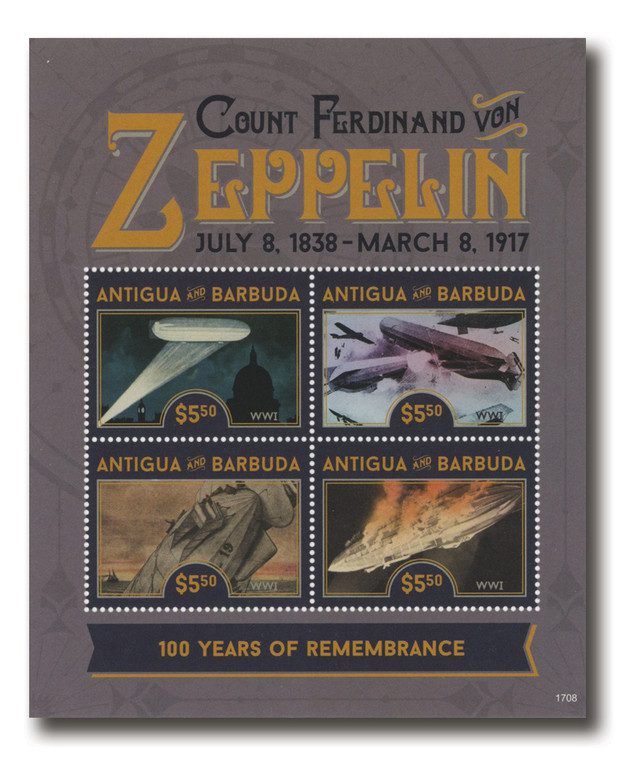 #MFN266 - 2017 $5.50 100 Years of Remembrance: Count Ferdinand von Zeppelin, Mint Sheet of 4, Antigua