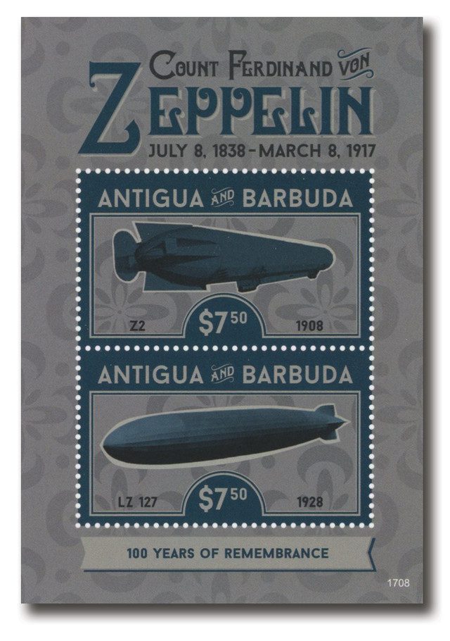#MFN267 - 2017 $7.50 100 Years of Remembrance: Count Ferdinand von Zeppelin, Mint Souvenir Sheet of 2, Antigua