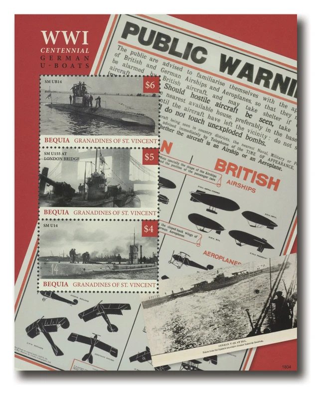 #MFN416
2018 $4-$6 WWI Centennial-German U-Boats, Mint Sheet of 3 Stamps, Bequia