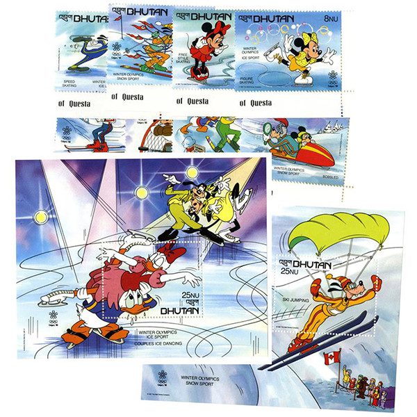 #MDS245
1988 Disney's Calgary-Alberta, Canada Winter Olympics, Mint, Set of 8 Stamps and 2 Souvenir Sheets, Bhutan