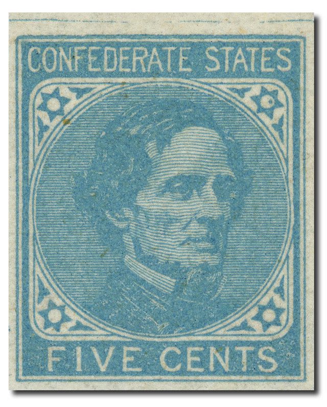 #CSA6 - 1862 5c Confederate States,Jefferson Davis,lt blue, hard paper (De La Rue & Co)