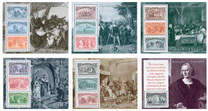 U.S. #2624-29 – Printed using 100-year-old dies, the 1992 Columbians recreated the popular issues on souvenir sheets with historical drawings in the selvage.