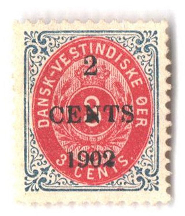 #DWI24 - 1902 2c on 3c Danish West Indies - blue & lake