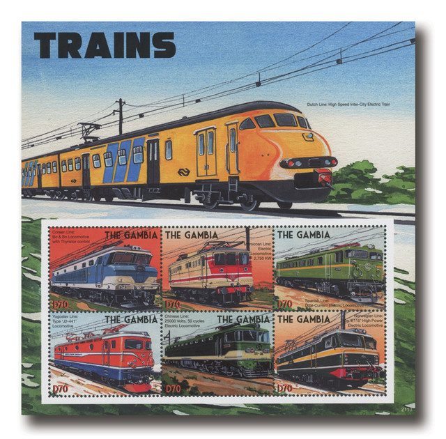 #MFN443 - 2021 D70 Trains: Dutch Line High Speed Inter-City Electric Train, Mint Sheet of 6, Gambia