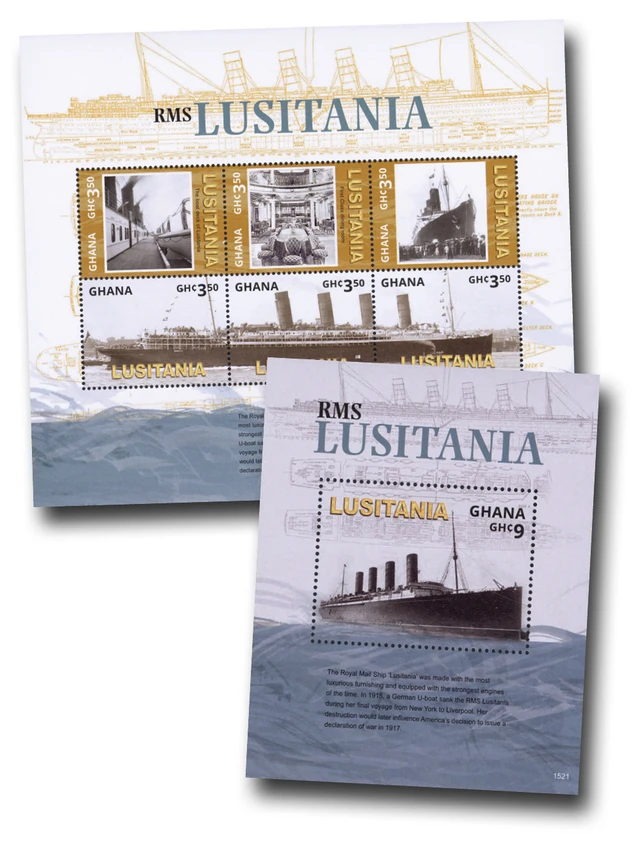 #MFN603
2015 RMS Lusitania GHc3.50 Mint Sheet and GHc9 Mint Souvenir Sheet, Ghana