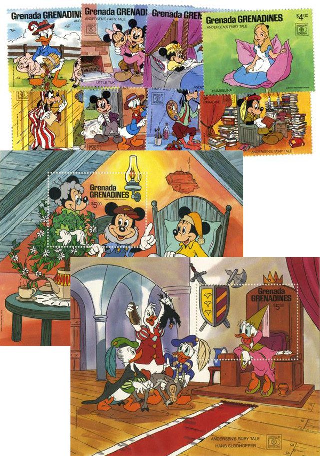 #MDS340 - 1987 Disney HAFNIA 87 Fairy Tales, Mint, Set of 8 Stamps and 2 Souvenir Sheets, Grenada Grenadines