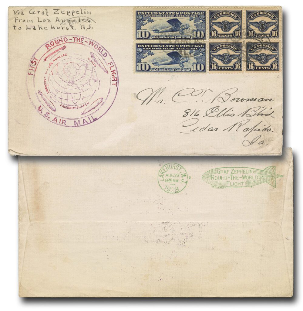 #MA2109 - 1929 First Round-The-World Flight Zeppelin Cover with Pair of US #C10 and Block of 4 US #C5