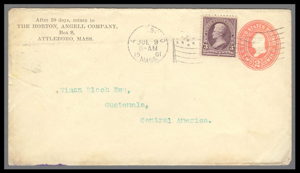 #MRS1349
1895 3c Jackson (Scott #268) on 2c Entire Sent from Massachusetts to Guatemala