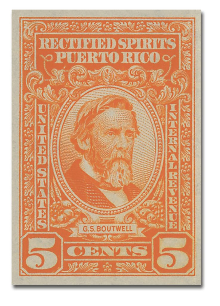 #PTRE38 - 1942-57 5c Puerto Rico Rectified Spirits, George Sewall Boutwell, Orange, Without Gum