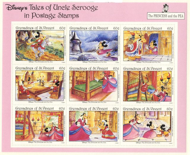 #MDS198 - 1992 Disney's The Princess and The Pea, Mint Sheet of 9 Stamps, St. Vincent