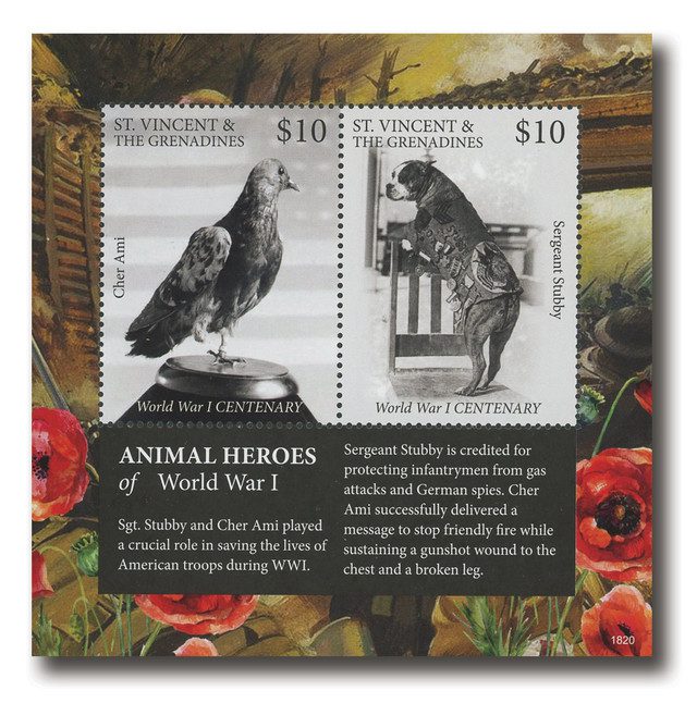 #MFN305
2018 $10 Animal Heroes of World War I: Cher Ami & Sergeant Stubby, Mint Souvenir Sheet, St Vincent