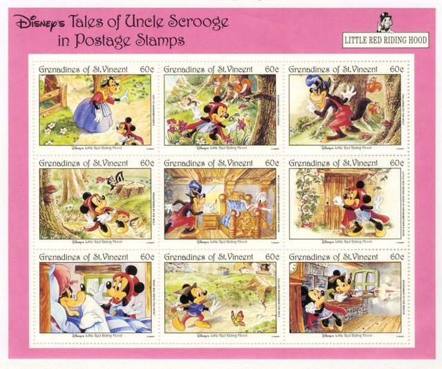 #MDS199 - 1992 Disney's Little Red Riding Hood, Mint Sheet of 9 Stamps, St. Vincent