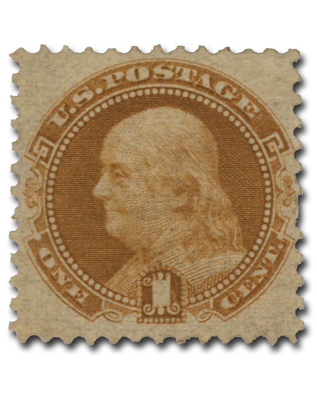 #112
1869 1c Franklin , Buff, Hard Wove Paper, G Grill, Perf. 12