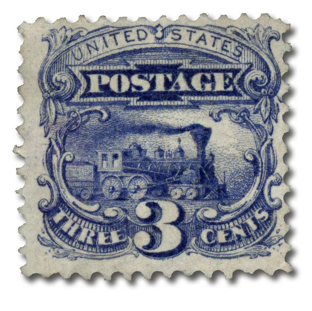 #114
1869 3c Locomotive, Ultramarine, Hard Wove Paper, G Grill, Perf. 12