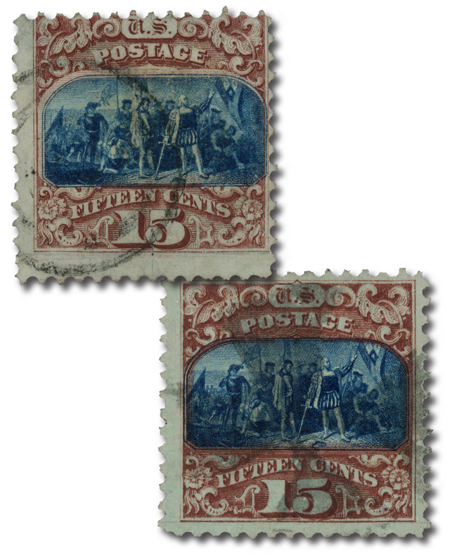 #118-19
1869 15c Landing of Columbus, Brown and Blue, Hard Wove Paper, Type I & II, G Grill, Perf. 12